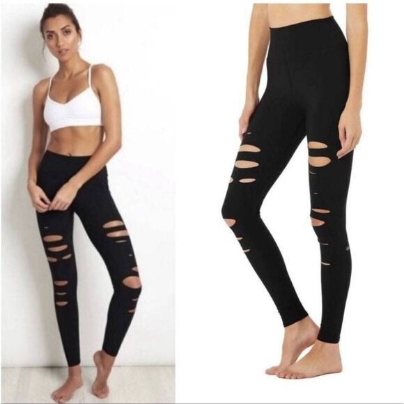 Alo Ankle Warrior Leggings Women's Small Black Yoga High-Waisted Ripped Stretch - Picture 1 of 7